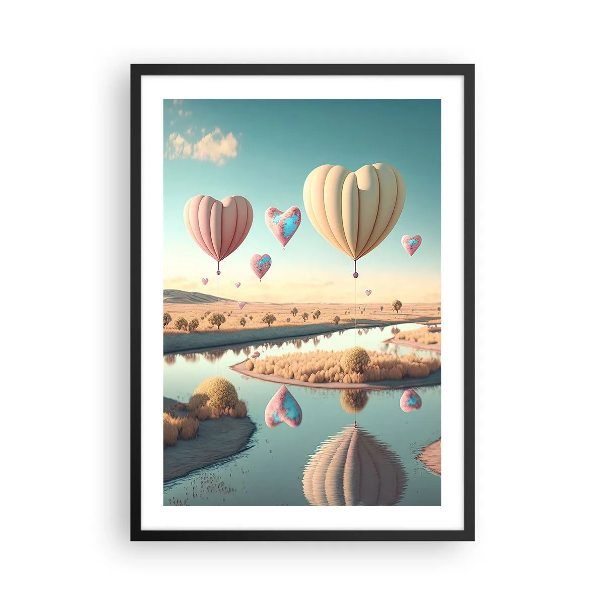 Affisch i svart ram - Hjärtformade ballonger som svävar över landskapet - 50x70cm - Kärleken låter dig sväva - Modern väggdekoration för vardagsrum och sovrum ARTTOR