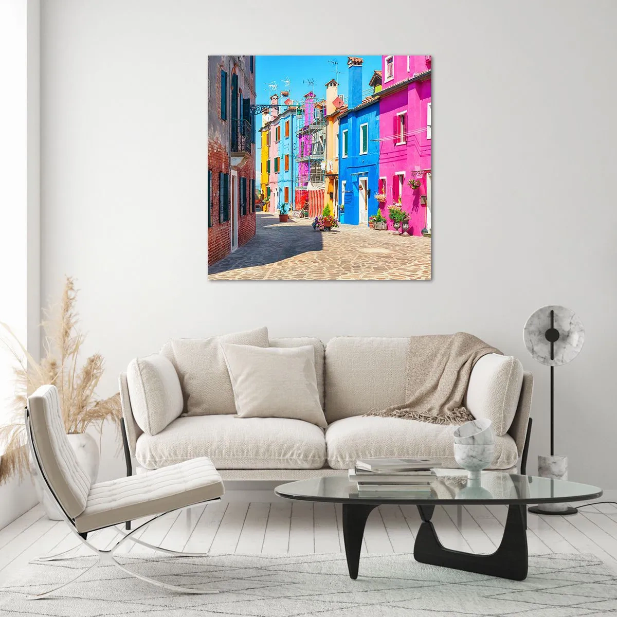 Glastavla - Bild på glas - Papegojalik stad - 70x70 cm