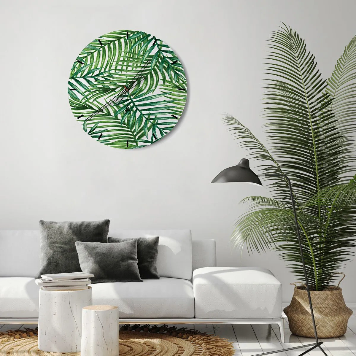 Väggklocka - Klocka på glas - Gröna palmblad arrangerade i en tät komposition - 30x30cm - Under gröna baldakinen - Modern väggdekoration för vardagsrum, kök och sovrum ARTTOR