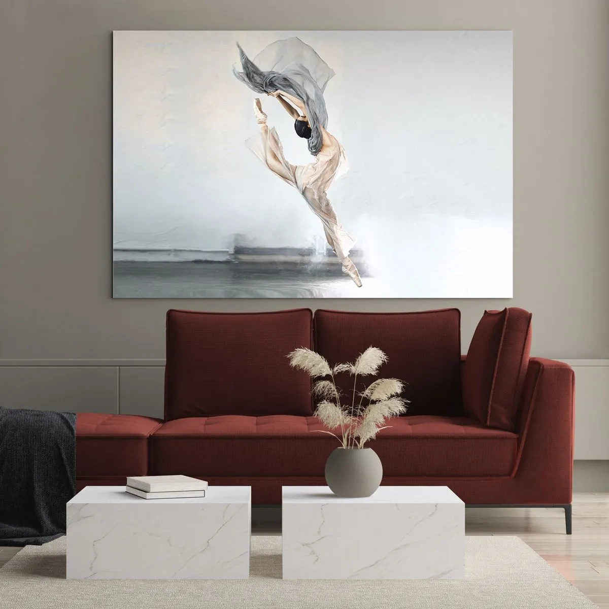 Glastavla - Bild på glas - En ballerina utför ett dynamiskt hopp i mjukt ljus. - 70x50cm - Dansextas - Modern väggdekoration för vardagsrum och sovrum ARTTOR