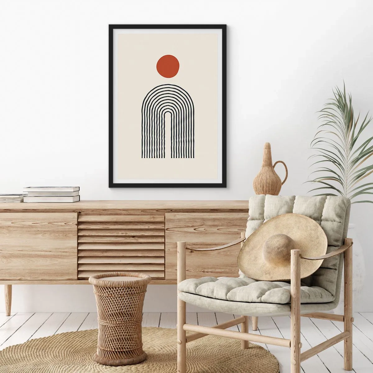 Affisch i svart ram - Geometrisk abstraktion med en linjär båge och en röd cirkel. - 50x70cm - Formernas och färgernas magnetism - Modern väggdekoration för vardagsrum och sovrum ARTTOR