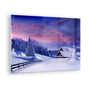 Glastavla - Bild på glas - Vinterlandskap med en stuga och snötäckta berg - 70x50cm - Silla natt - Modern väggdekoration för vardagsrum och sovrum ARTTOR
