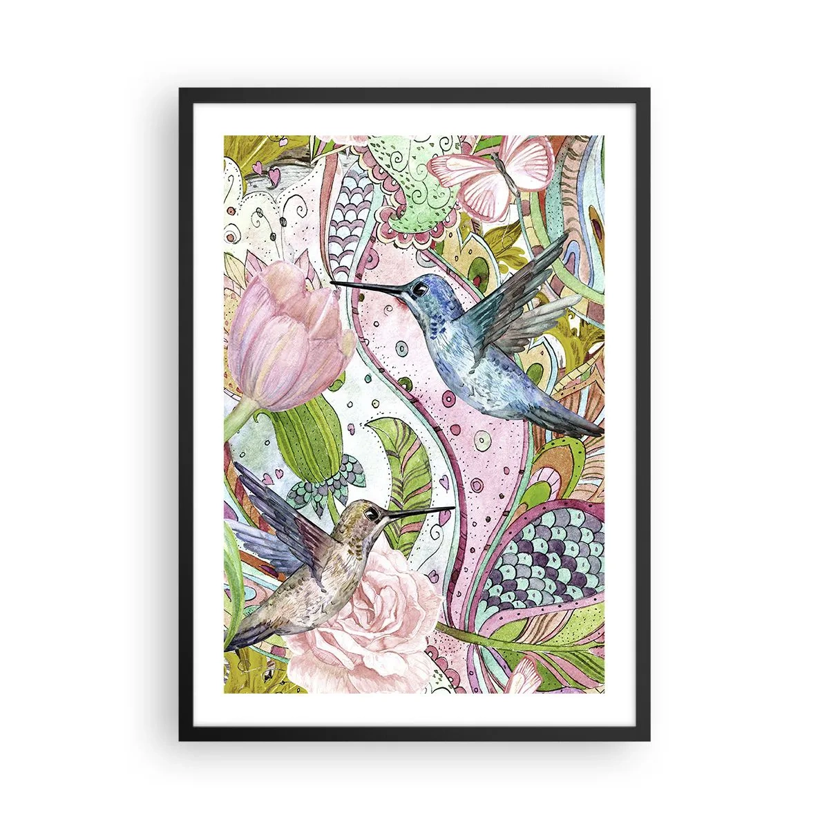 Affisch i svart ram - Färgglada kolibrier mot en bakgrund av blommor och mönster - 50x70cm - Inbäddade i klätterväxter - Modern väggdekoration för vardagsrum och sovrum ARTTOR