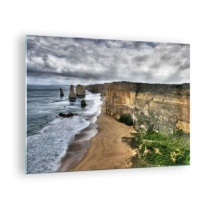 Glastavla - Bild på glas - Klippor med utsikt över havet och stranden under en molnig himmel - 70x50cm - Rå skönhet - Modern väggdekoration för vardagsrum och sovrum ARTTOR