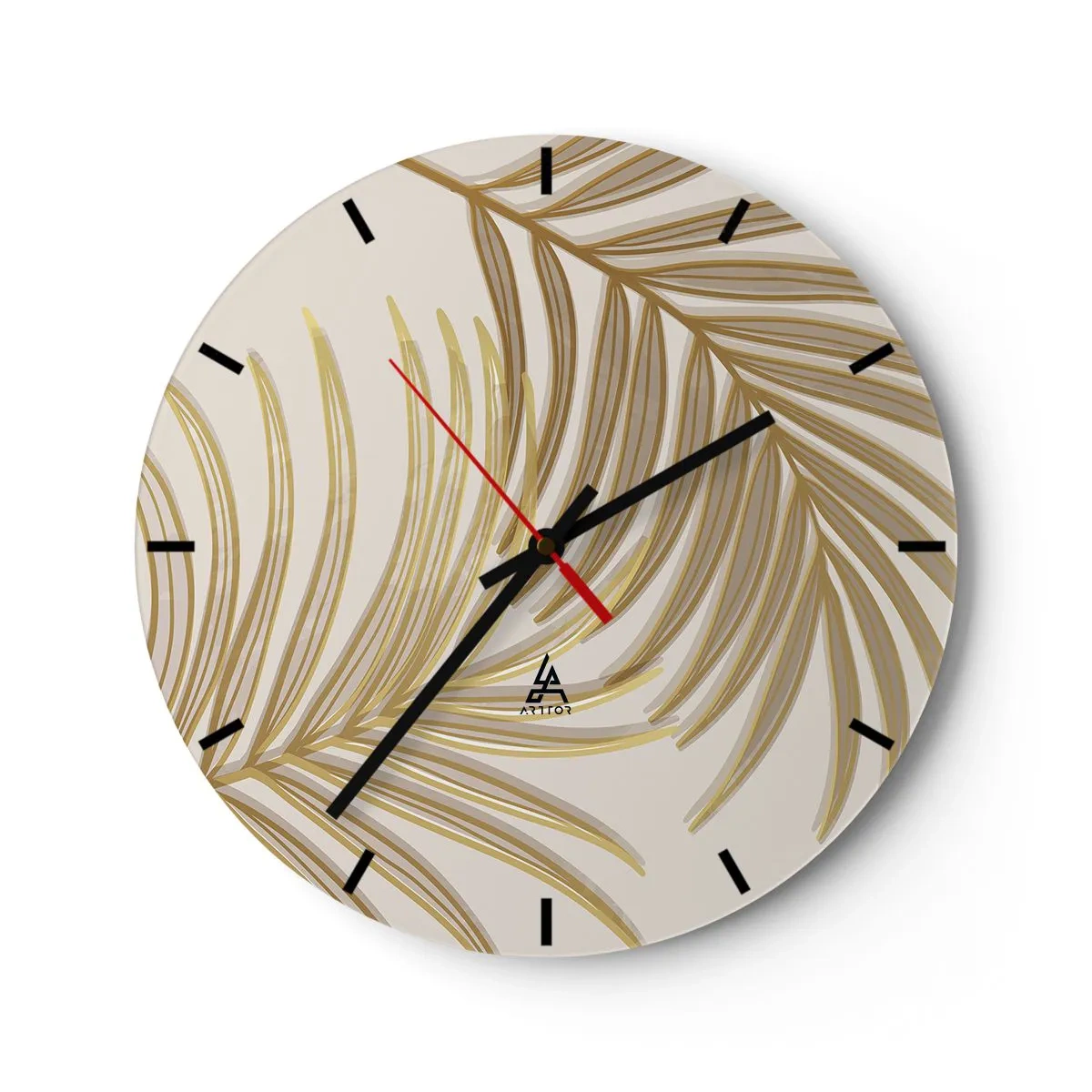 Väggklocka - Klocka på glas - Gyllene palmblad på beige bakgrund i ett elegant arrangemang - 30x30cm - Guldpalmen - Modern väggdekoration för vardagsrum, kök och sovrum ARTTOR