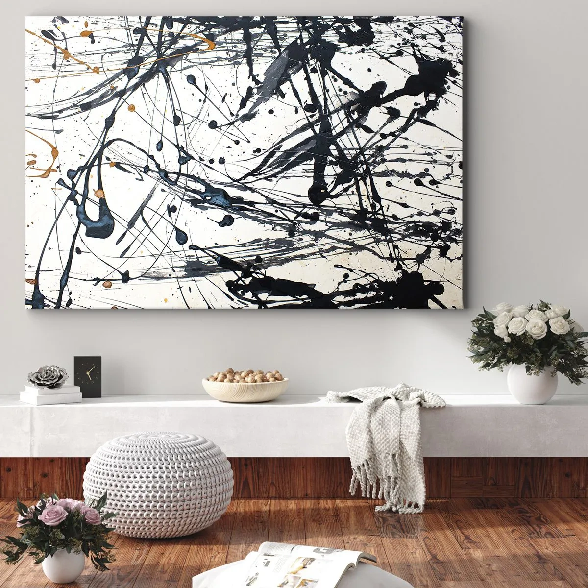 Canvastavla - Bild på duk - En abstrakt målning med färgstänk i dynamiska mönster. - 70x50cm - Expressionistisk abstraktion - Modern väggdekoration för vardagsrum och sovrum ARTTOR