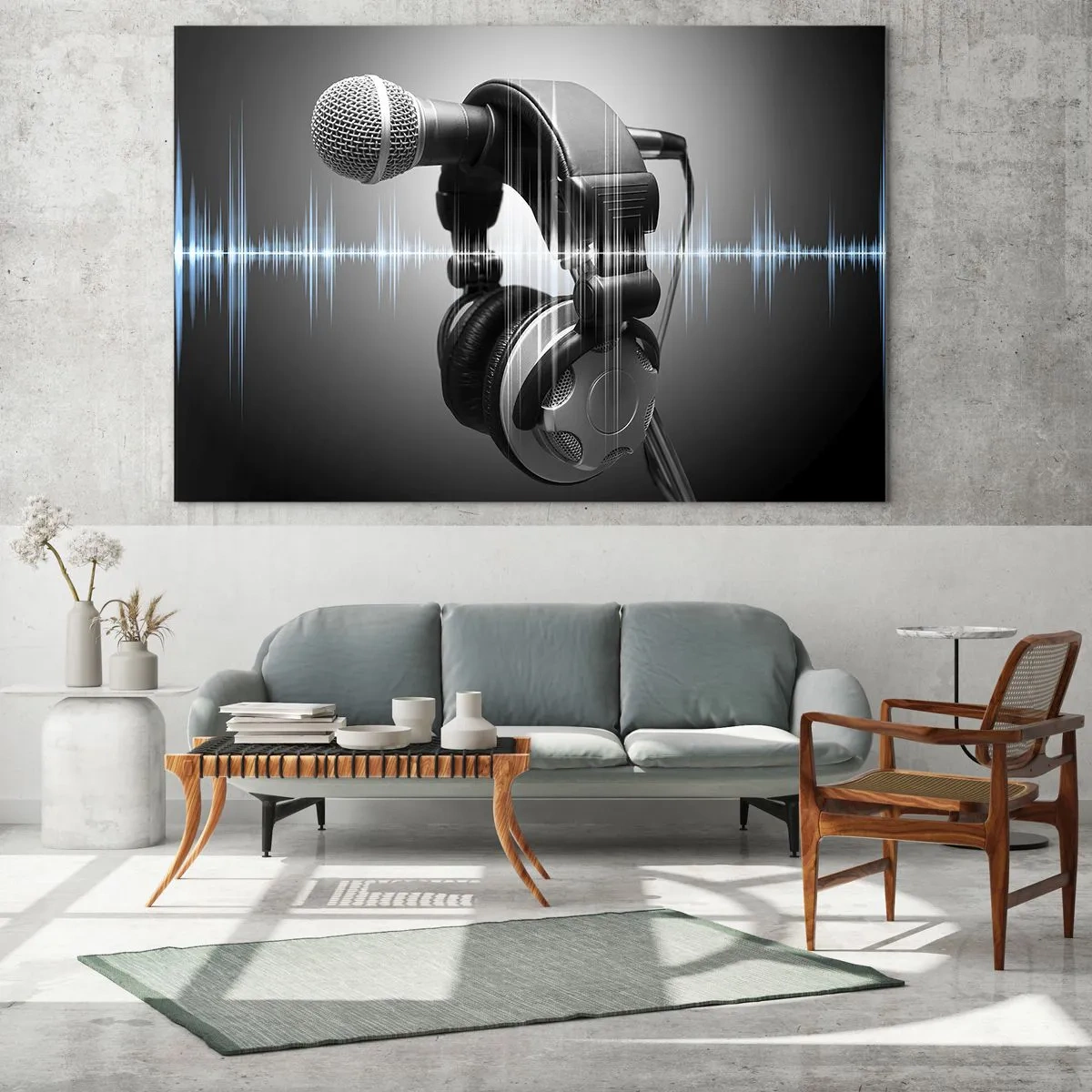 Glastavla - Bild på glas - Mikrofon med hörlurar mot en bakgrund av ljudvågor - 70x50cm - Sången hörs fortfarande - Modern väggdekoration för vardagsrum och sovrum ARTTOR