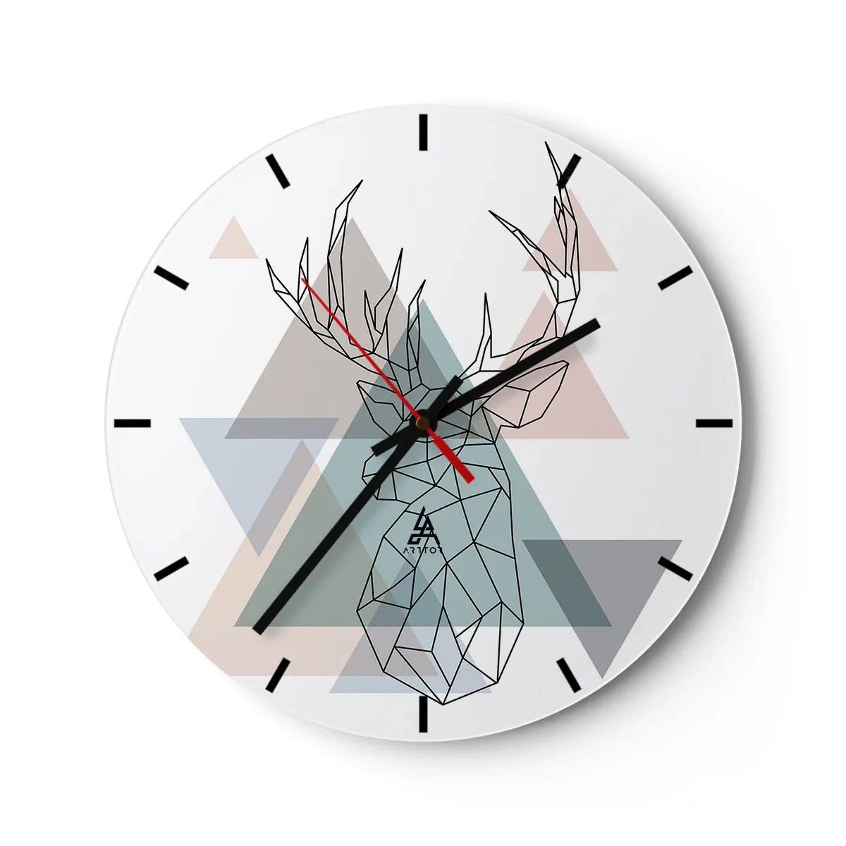 Väggklocka - Klocka på glas - Geometrisk bild av en hjort mot en bakgrund av trianglar - 30x30cm - I en geometrisk skog - Modern väggdekoration för vardagsrum, kök och sovrum ARTTOR