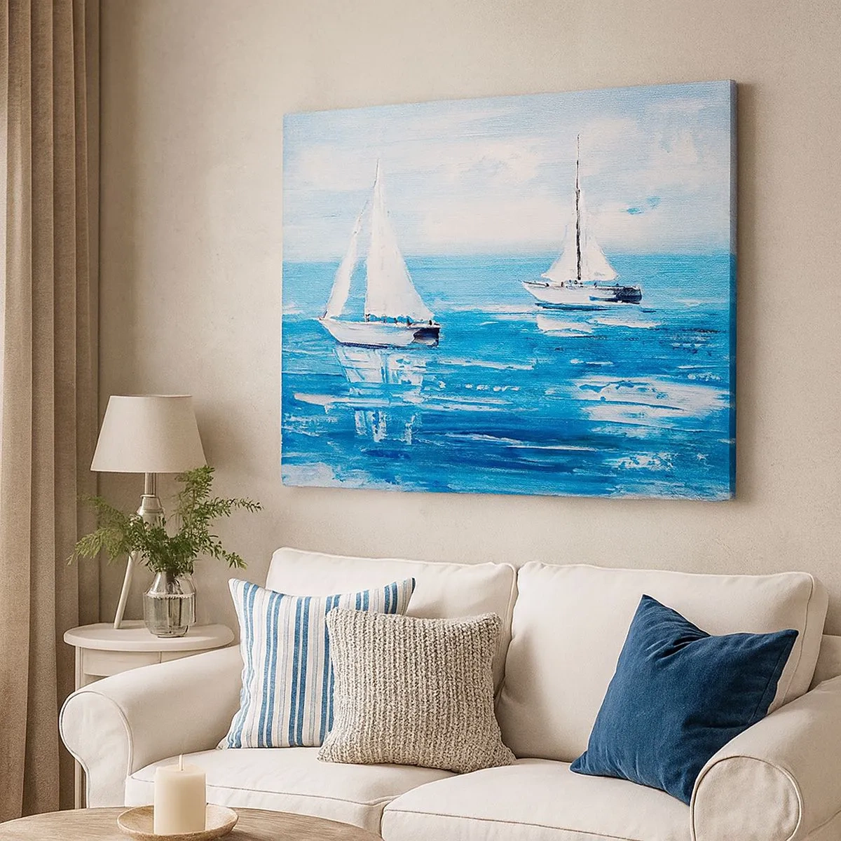 Canvastavla - Bild på duk - Yachter på det blå havet i konstnärlig stil - 70x50cm - Med en vän vid din sida - Modern väggdekoration för vardagsrum och sovrum ARTTOR