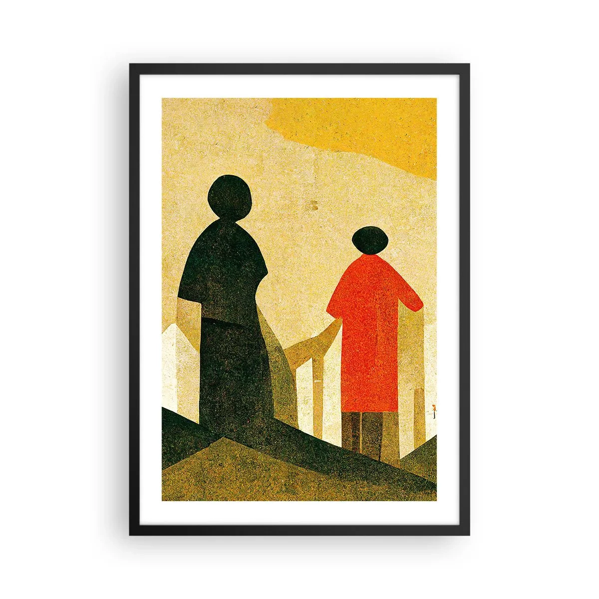 Affisch i svart ram - Geometriska silhuetter av figurer mot bakgrund av ett abstrakt landskap - 50x70cm - Det är fortfarande långt kvar - Modern väggdekoration för vardagsrum och sovrum ARTTOR