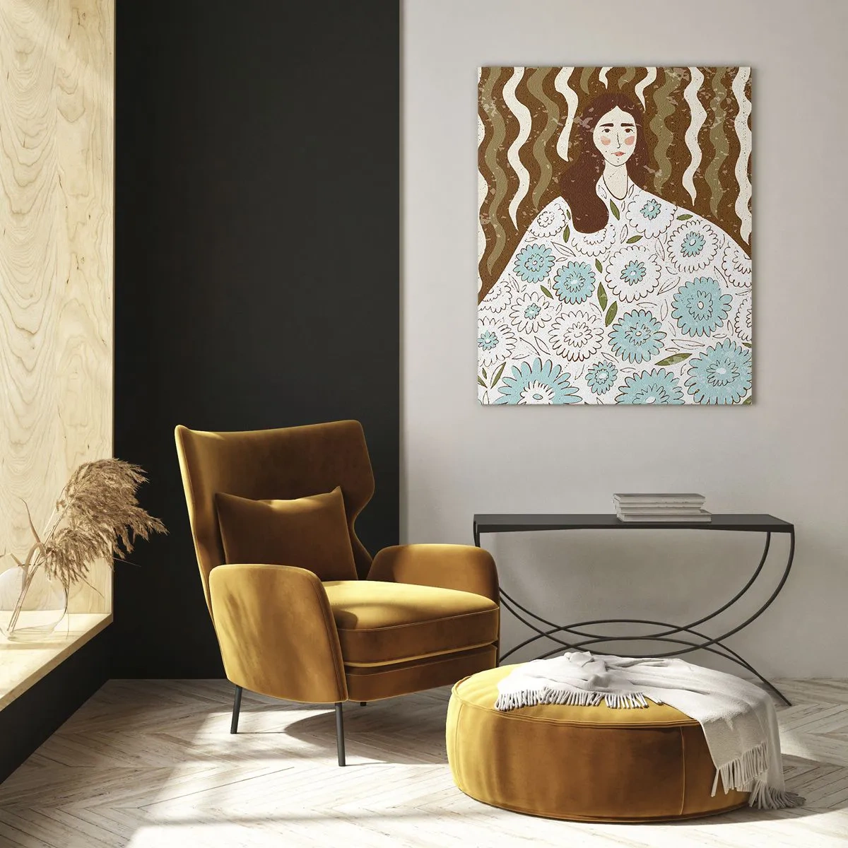 Glastavla - Bild på glas - Porträtt i blommig mantel - 50x70 cm