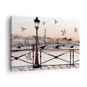 Canvastavla - Bild på duk - Parisisk utsikt med en lykta och en bro - 70x50cm - Över Paris tak - Modern väggdekoration för vardagsrum och sovrum ARTTOR
