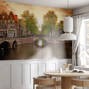 Fototapet Premium Sand - Med båt eller cykel? - Stad, amsterdam, Båtbrokanalen - 100x70 cm