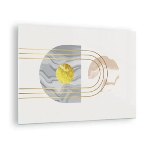 Glastavla - Bild på glas - Abstrakt målning i guld och grått - 70x50cm - Ljushet och sken - Modern väggdekoration för vardagsrum och sovrum ARTTOR