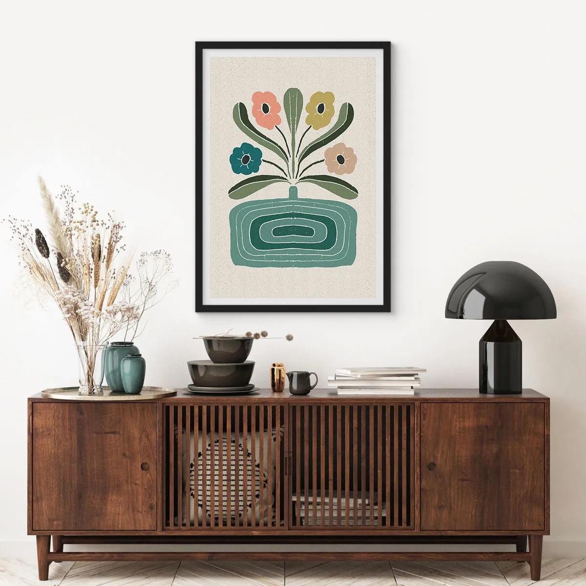 Affisch i svart ram - Stiliserade blommor i en grafisk komposition - 50x70cm - Symmetrisk bukett - Modern väggdekoration för vardagsrum och sovrum ARTTOR