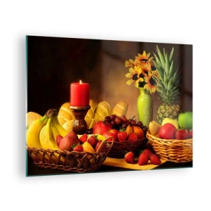 Glastavla - Bild på glas - En komposition av frukt, bröd och ett ljus i rustik stil - 70x50cm - Stilleben med bröd och frukt - Modern väggdekoration för vardagsrum och sovrum ARTTOR