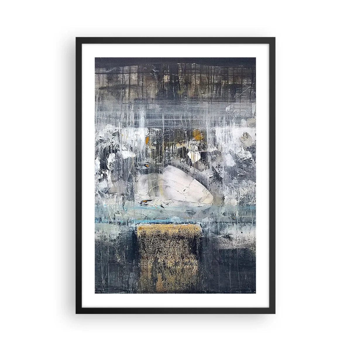 Affisch i svart ram - En abstrakt komposition i nyanser av grått och guld. - 50x70cm - På is och klumpar - Modern väggdekoration för vardagsrum och sovrum ARTTOR