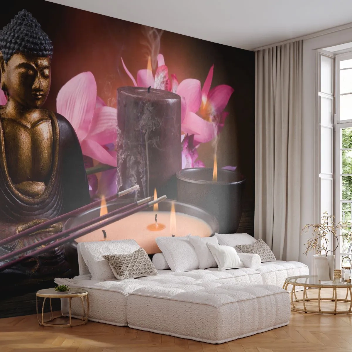 Självhäftande Fototapet Deluxe Sticker - Rensa hjärnan, lugna ner kroppen - Buddha, Religion, Blommor - 250x175 cm