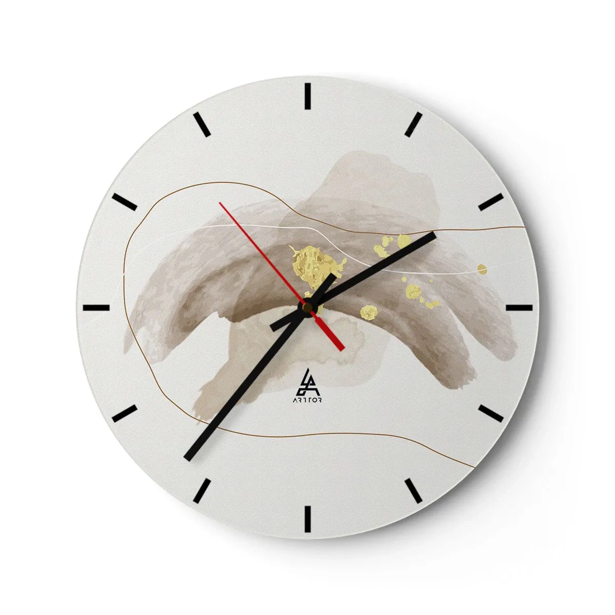 Väggklocka - Klocka på glas - En abstrakt komposition med beige prickar och guldfärgade accenter. - 30x30cm - Träffat i rummet - Modern väggdekoration för vardagsrum, kök och sovrum ARTTOR