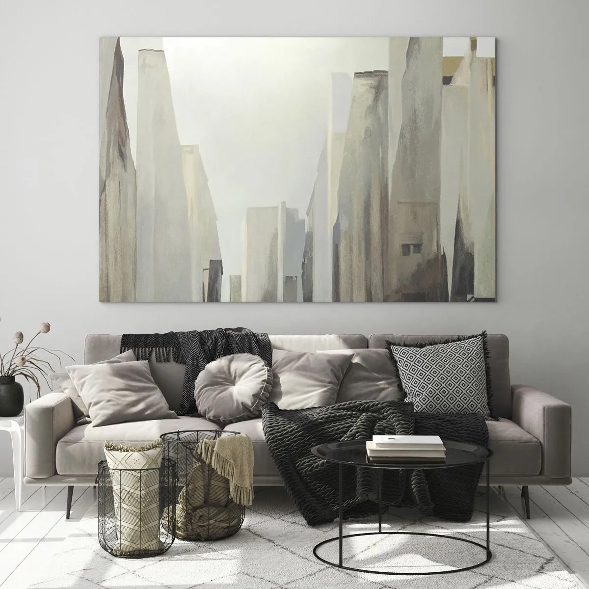 Glastavla - Bild på glas - En abstrakt vision av urbana byggnader i en dämpad palett - 70x50cm - En dröm om staden - Modern väggdekoration för vardagsrum och sovrum ARTTOR