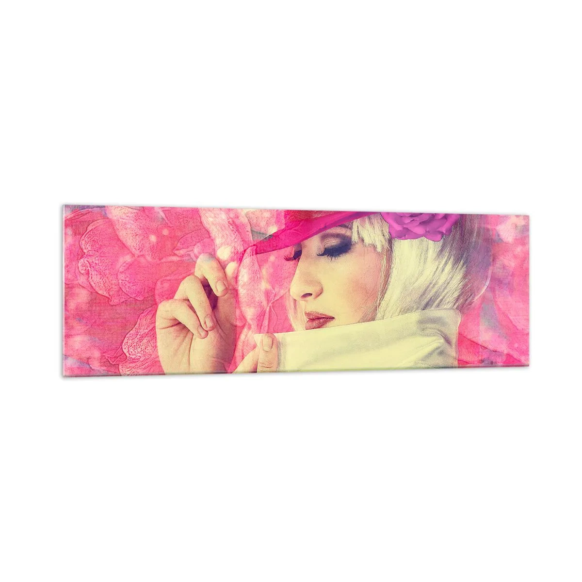 Glastavla - Bild på glas - Retroporträtt i rosa ångor - 160x50 cm