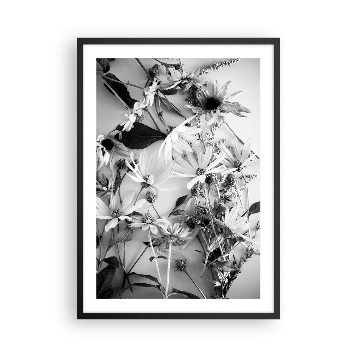 Affisch i svart ram - Svartvita blommor arrangerade i ett konstnärligt arrangemang - 50x70cm - Icke-blombukett - Modern väggdekoration för vardagsrum och sovrum ARTTOR