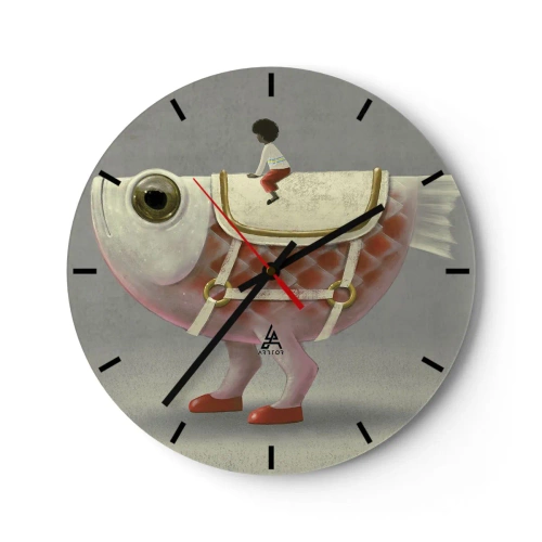 Väggklocka - Klocka på glas - En figur på en stor fisk med sadel och stövlar mot en grå bakgrund - 30x30cm - Fiskryttare - Modern väggdekoration för vardagsrum, kök och sovrum ARTTOR