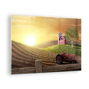 Glastavla - Bild på glas - Solnedgång över en gård med ett fält och en traktor - 70x50cm - Sagolik farm - Modern väggdekoration för vardagsrum och sovrum ARTTOR