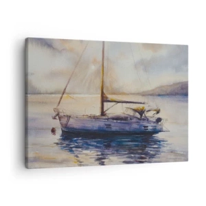 Canvastavla - Bild på duk - En yacht på ett lugnt hav vid solnedgången - 70x50cm - Kväll i viken - Modern väggdekoration för vardagsrum och sovrum ARTTOR