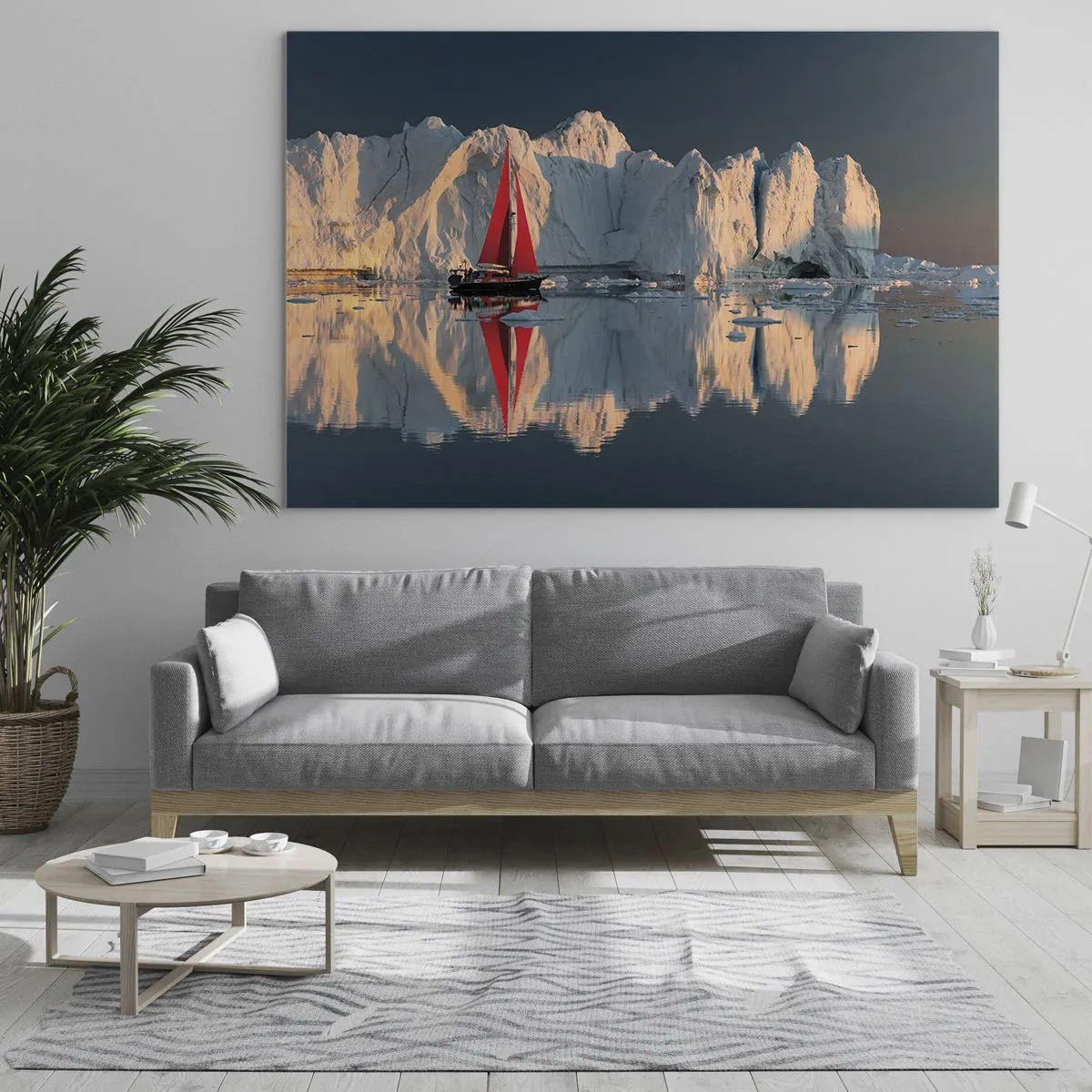Glastavla - Bild på glas - En segelbåt med ett rött segel nära isbergen vid solnedgången - 70x50cm - I världens ände - Modern väggdekoration för vardagsrum och sovrum ARTTOR