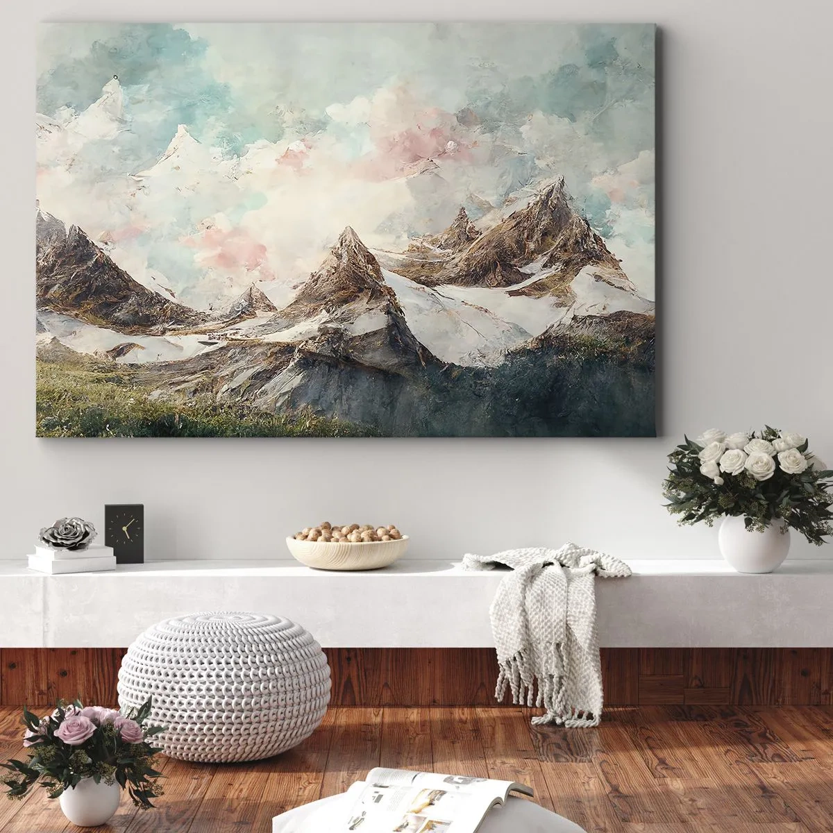 Canvastavla - Bild på duk - Pittoreska berg med pastellfärgad himmel - 70x50cm - Steniga blad - Modern väggdekoration för vardagsrum och sovrum ARTTOR