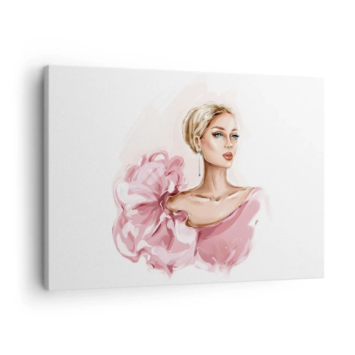Canvastavla - Bild på duk - Porträtt av en kvinna i en rosa klänning mot en ljus bakgrund - 70x50cm - Som målad... - Modern väggdekoration för vardagsrum och sovrum ARTTOR