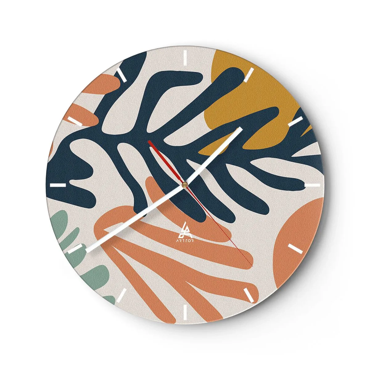 Väggklocka - Klocka på glas - Färgglada löv i grafisk stil mot en ljus bakgrund - 30x30cm - Korallhav - Modern väggdekoration för vardagsrum, kök och sovrum ARTTOR