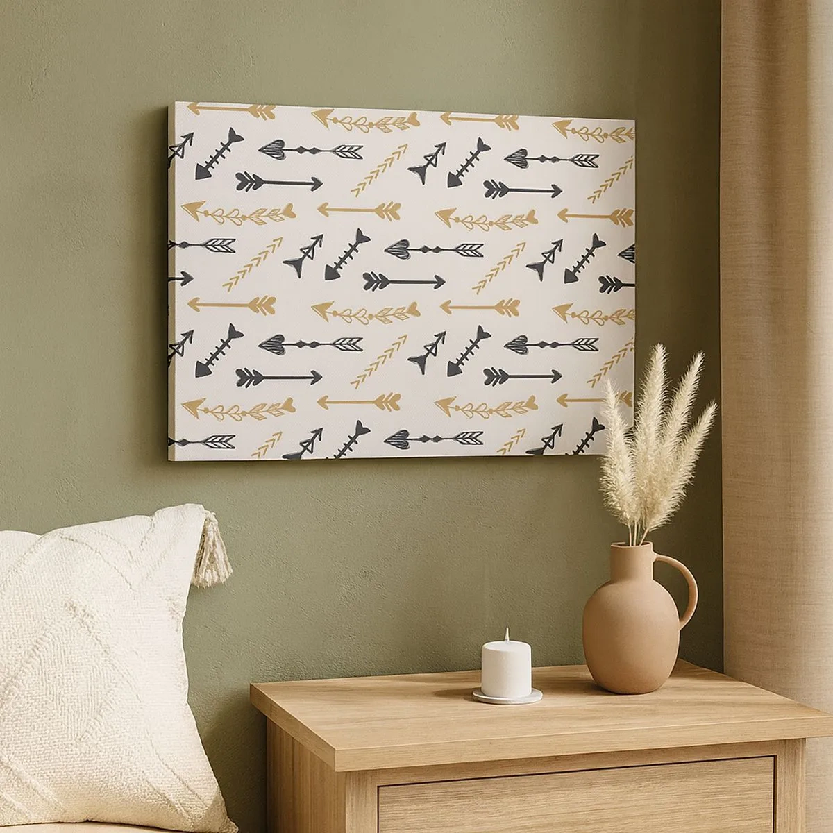 Canvastavla - Bild på duk - Ett minimalistiskt mönster med pilar i beige och grå färger. - 70x50cm - Pilbågsskyttens sömn - Modern väggdekoration för vardagsrum och sovrum ARTTOR