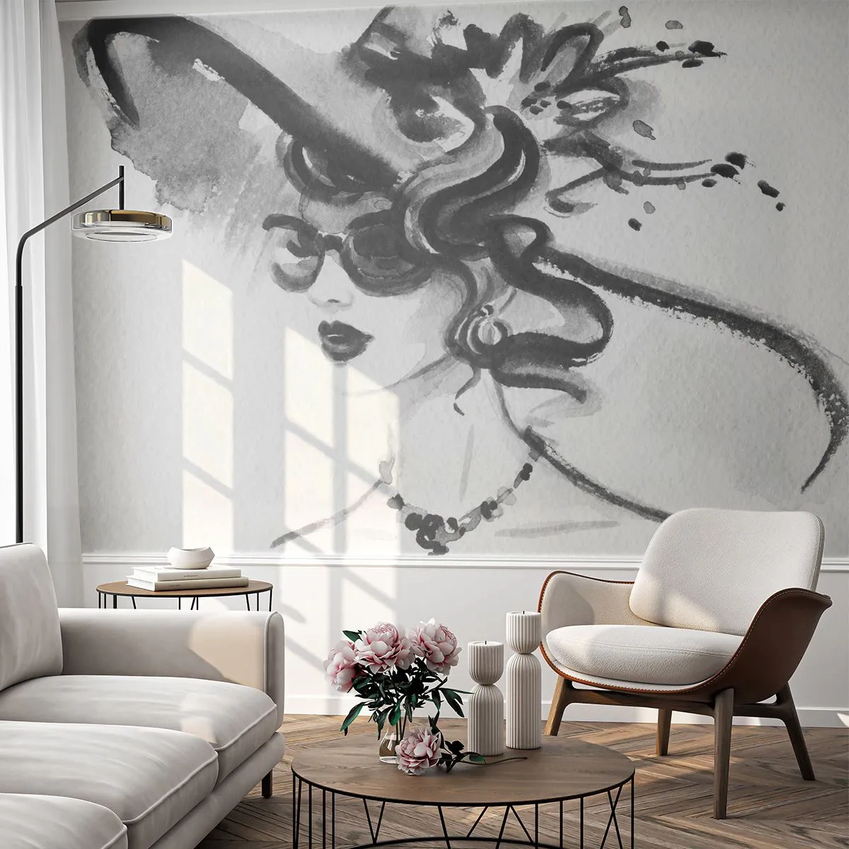 Självhäftande Fototapet Deluxe Sticker - Dam med karaktär - Kvinna I En Hatt, Kvinnans ansikte, Svartvitt - 250x175 cm