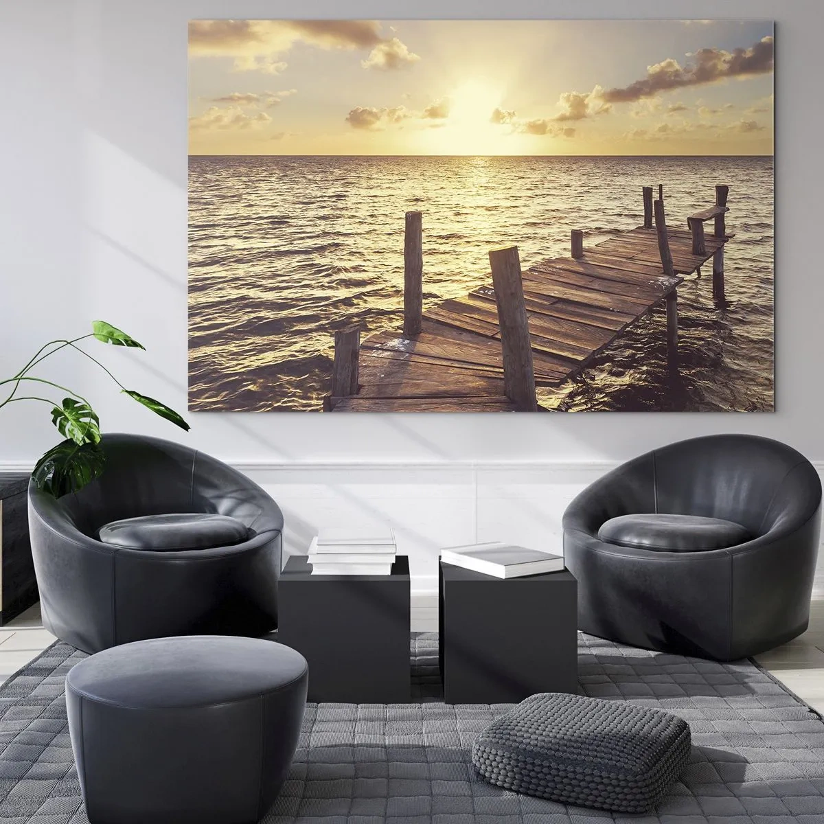 Glastavla - Bild på glas - En träbrygga mot bakgrund av den nedgående solen - 70x50cm - Gyllene mildhetslandskap - Modern väggdekoration för vardagsrum och sovrum ARTTOR