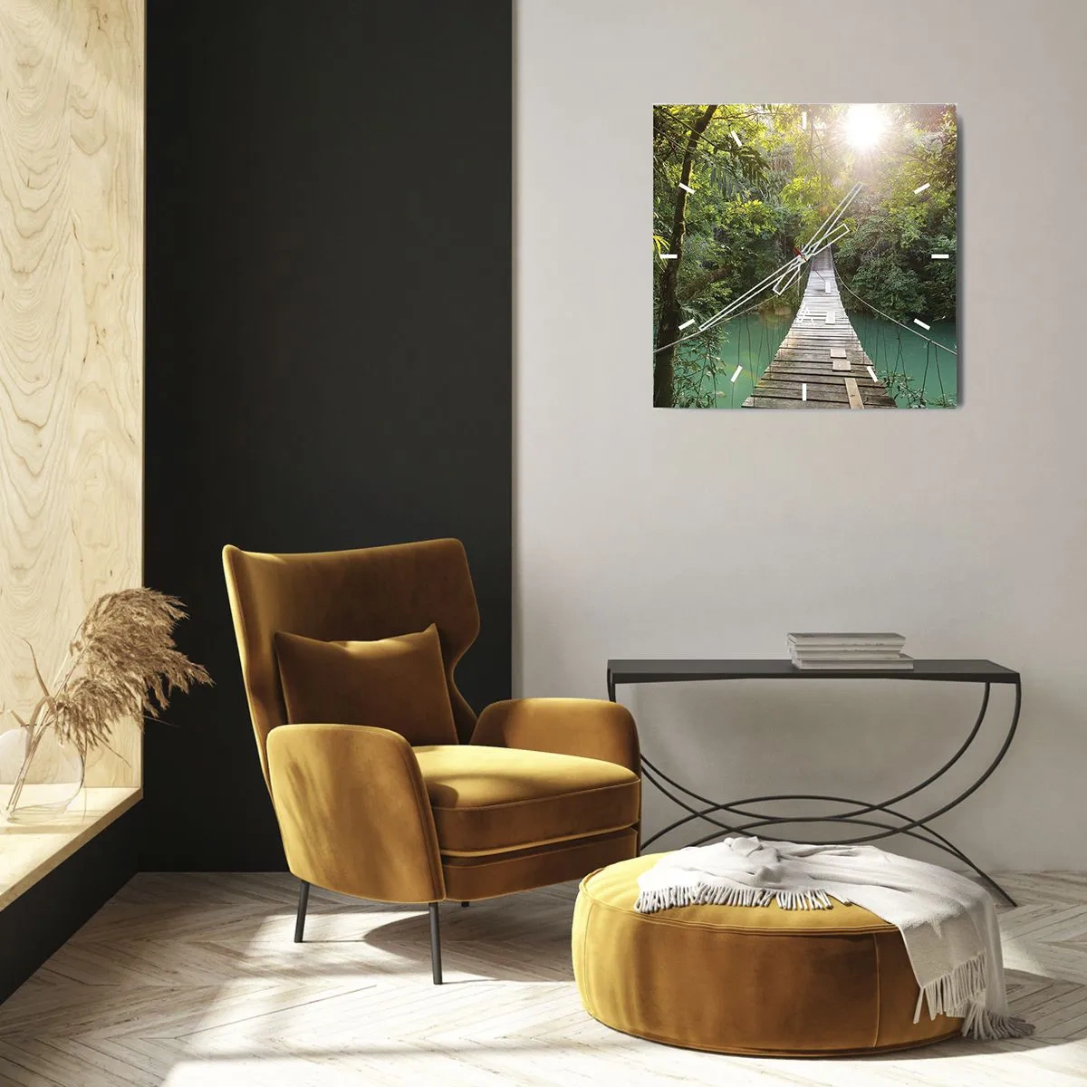 Väggklocka - Klocka på glas - Vid azurblått vatten till azurblå skog - 40x40 cm