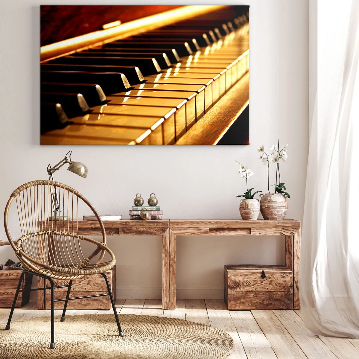 Canvastavla - Bild på duk - Pianoklaviatur i gyllene belysning - 70x50cm - Obegränsade möjligheter - Modern väggdekoration för vardagsrum och sovrum ARTTOR