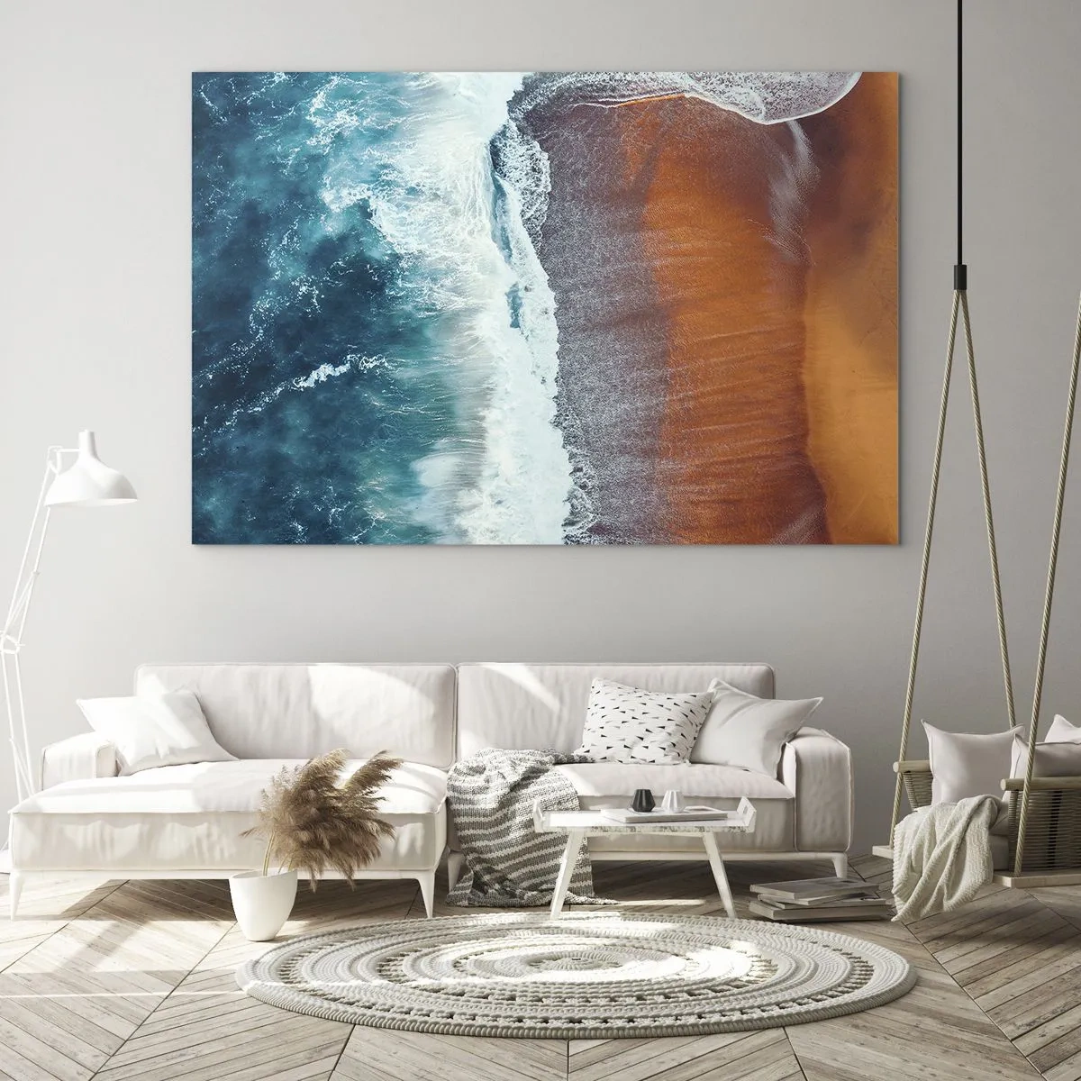 Glastavla - Bild på glas - Flygfoto över havsytan och stranden - 70x50cm - En touch av havet - Modern väggdekoration för vardagsrum och sovrum ARTTOR