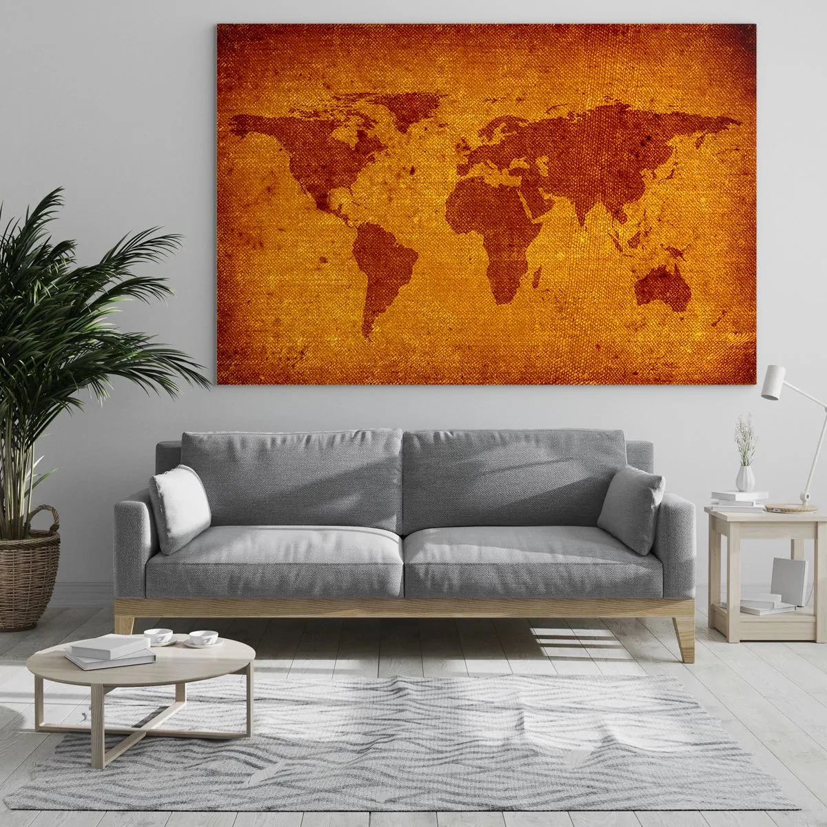 Glastavla - Bild på glas - En världskarta i varma sepiafärger - 70x50cm - Inbjudan till resa - Modern väggdekoration för vardagsrum och sovrum ARTTOR