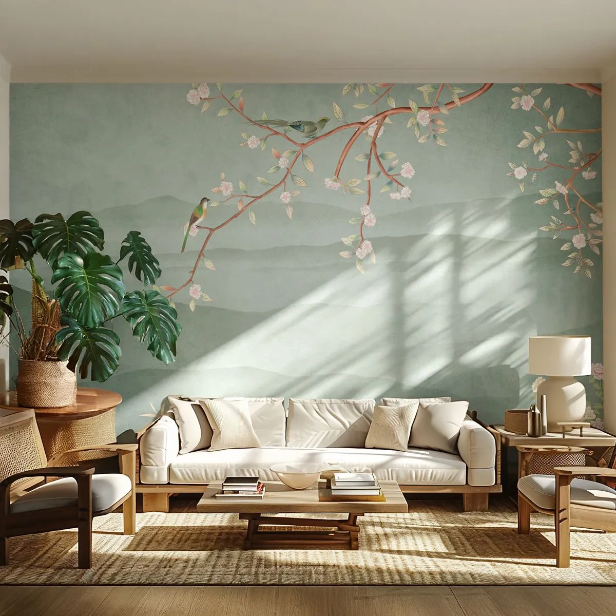 Fototapet Premium Sand - Vår, ah, det är du - Pastell, Fåglar, Blommor - 200x140 cm