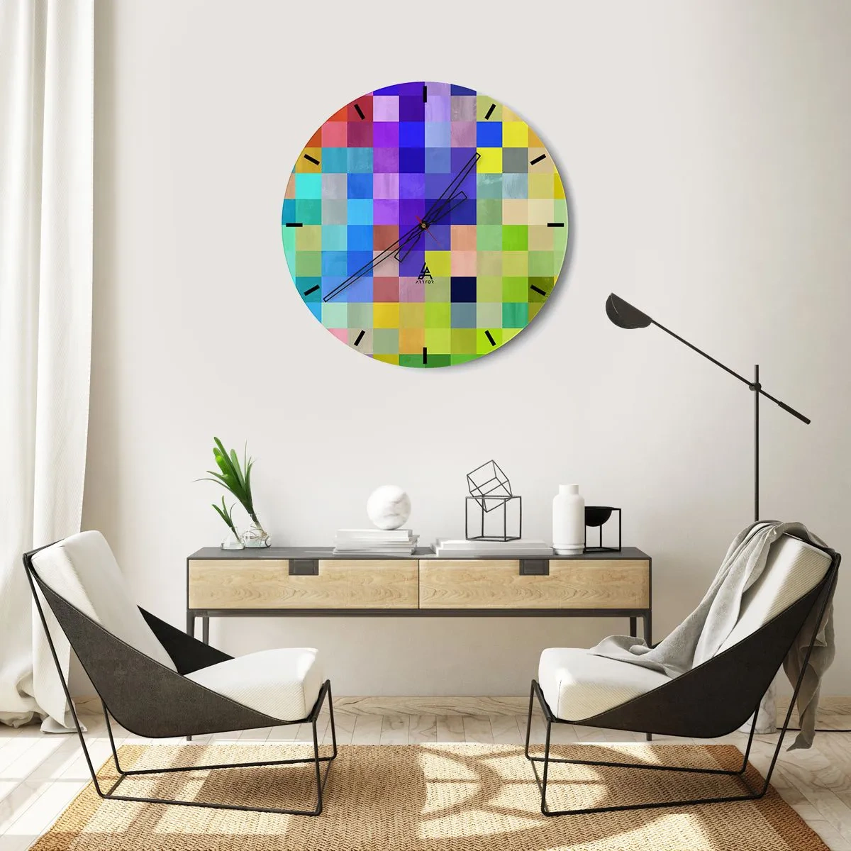 Väggklocka - Klocka på glas - En mosaik av färgglada rutor i modern stil - 30x30cm - Alla olika, alla jämna - Modern väggdekoration för vardagsrum, kök och sovrum ARTTOR