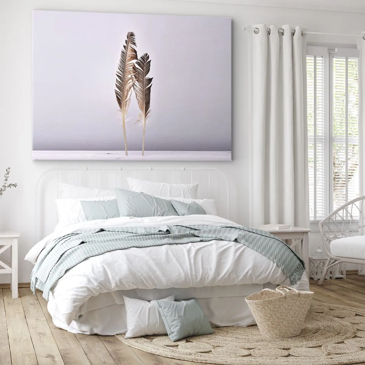 Canvastavla - Bild på duk - Fina fjädrar på en ljus bakgrund i minimalistisk stil - 70x50cm - Mot intet - Modern väggdekoration för vardagsrum och sovrum ARTTOR
