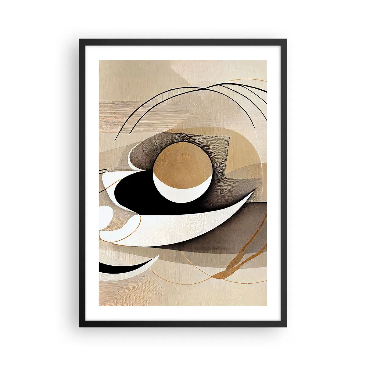Affisch i svart ram - Minimalistisk abstraktion i nyanser av beige och svart - 50x70cm - Komposition: essensen av saker och ting - Modern väggdekoration för vardagsrum och sovrum ARTTOR