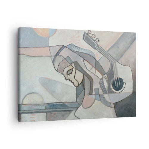 Canvastavla - Bild på duk - En abstrakt figur med en gitarr i pastellfärger. - 70x50cm - I musikens makt - Modern väggdekoration för vardagsrum och sovrum ARTTOR