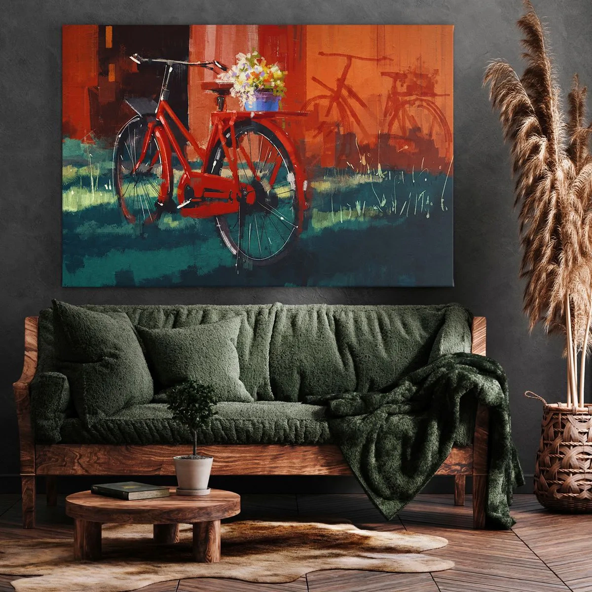 Canvastavla - Bild på duk - En röd cykel med blommor mot en orange vägg - 70x50cm - I want to ride my bicycle - Modern väggdekoration för vardagsrum och sovrum ARTTOR