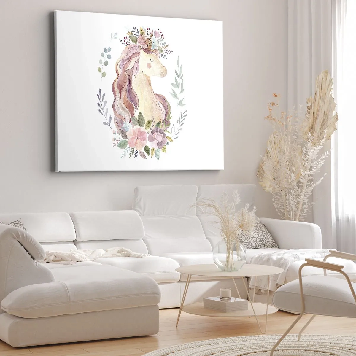 Canvastavla - Bild på duk - En enhörning i pastellfärger omgiven av blommor - 70x50cm - En inbjudan till sagornas värld - Modern väggdekoration för vardagsrum och sovrum ARTTOR