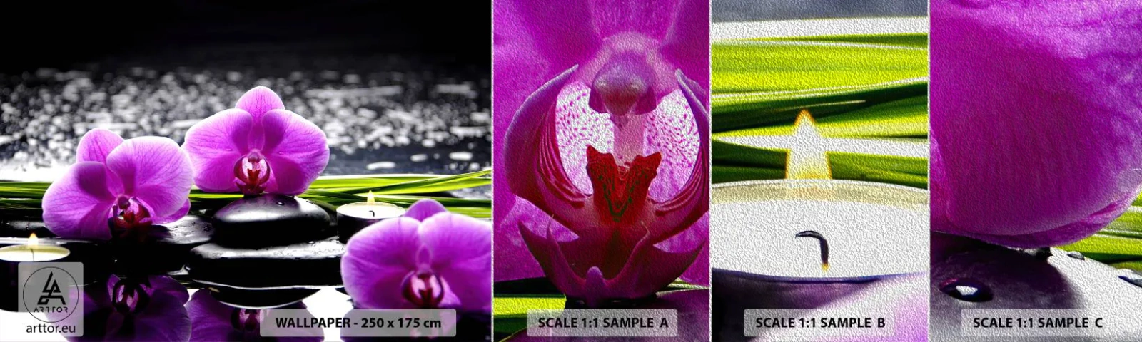 Provbit av fototapet Premium Sand - Drunkna i tystnad och lugn - Blommor, Orkide, Orkide - 100x30 cm