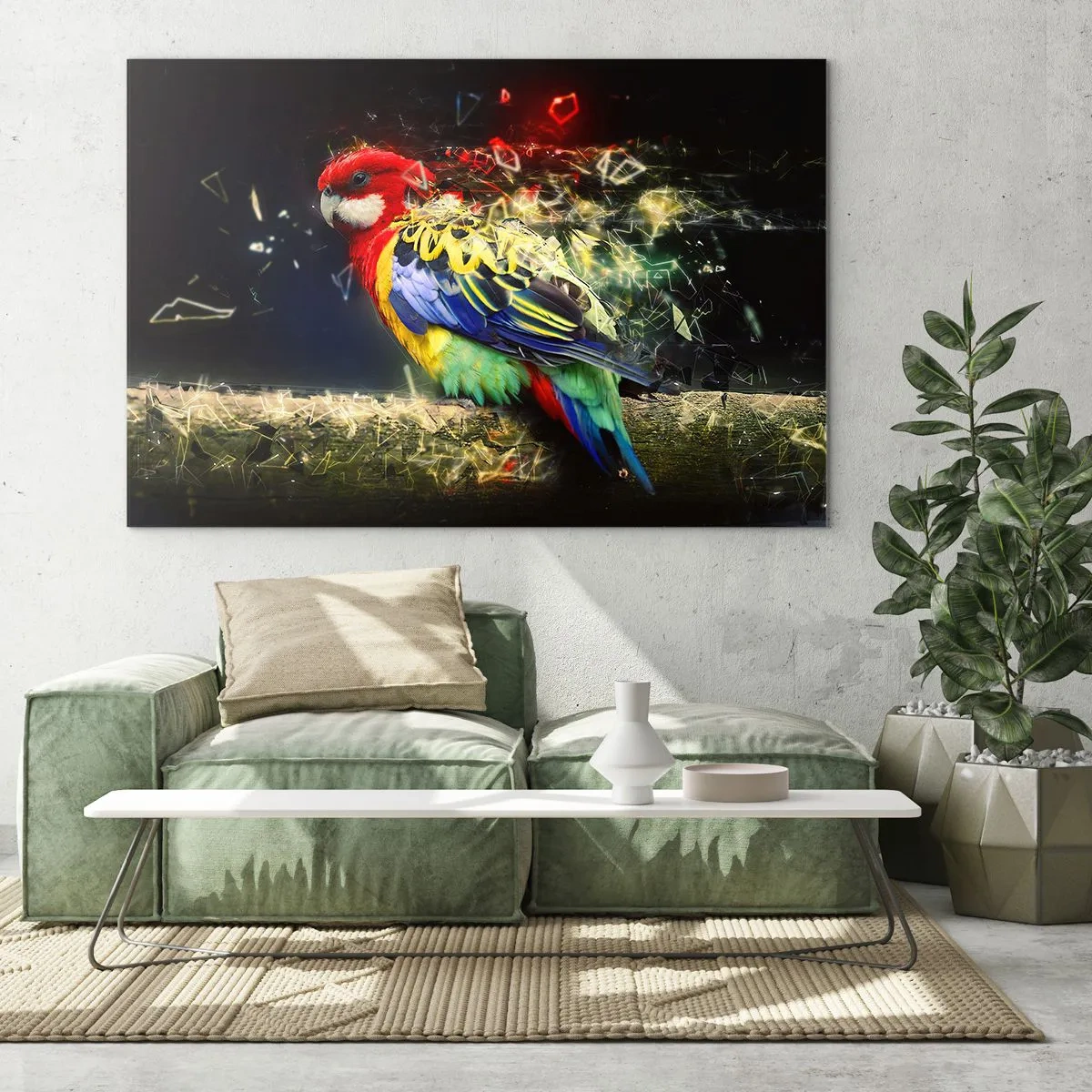 Glastavla - Bild på glas - En färgglad papegoja i en konstnärlig komposition med en splittereffekt - 70x50cm - Skenets bud - Modern väggdekoration för vardagsrum och sovrum ARTTOR