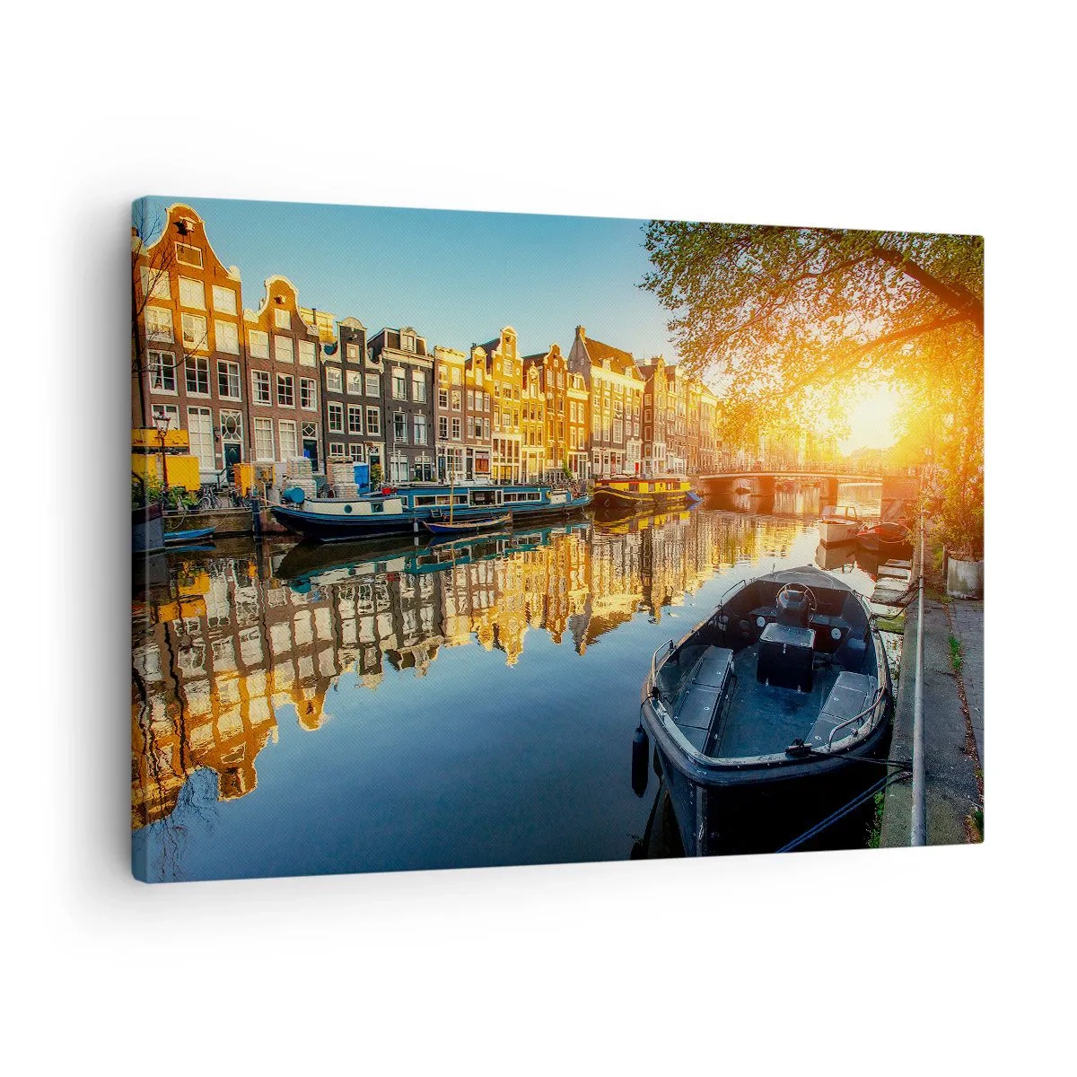 Canvastavla - Bild på duk - Amsterdamkanalen vid solnedgången - 70x50cm - En morgon i Amsterdam - Modern väggdekoration för vardagsrum och sovrum ARTTOR